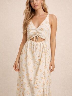 Abercrombie & Fitch Cream and Yellow Floral Slip Dress Leg Slit Cutout Size: XLP